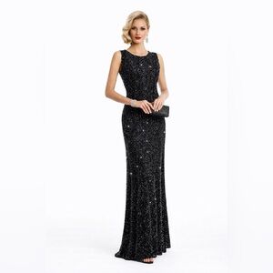 Vintage 90s Y2K Ronni Nicole Maxi Dress Women's 14P Black Silver Glitter Slinky